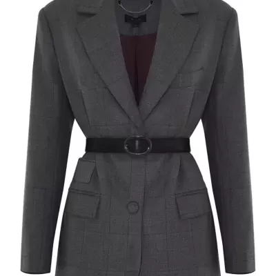 Blazer cinzento escuro xadrez com cinto preto