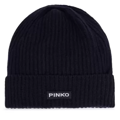 Gorro azul escuro canelado com dobra e logotipo PINKO