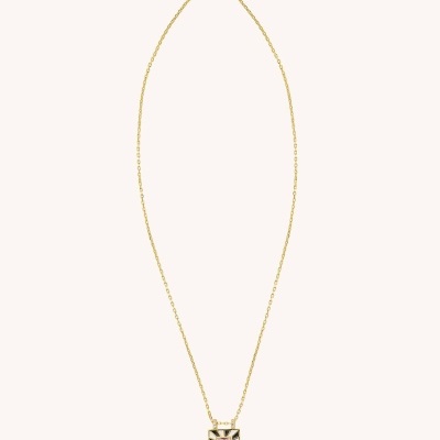 Colar dourado com pendente quadrado geométrico rosa e preto