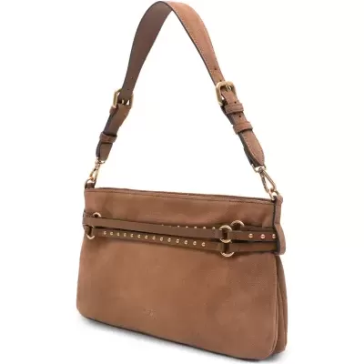 Mala de mão castanha em camurça com detalhes em couro e tachas douradas