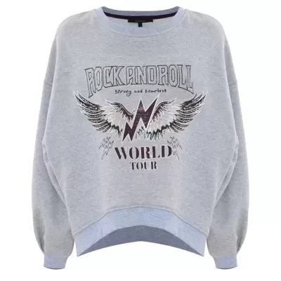 Sweatshirt cinzenta com estampa de asas e texto rock and roll