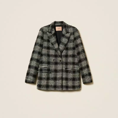 Blazer feminino xadrez preto e branco com botões duplos