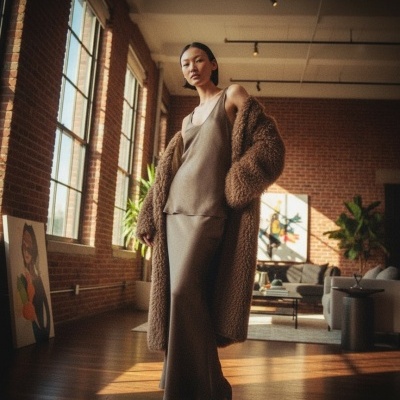 Mulher com vestido castanho e casaco de pelo num espaço interior com paredes de tijolo