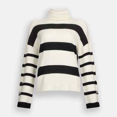 Camisola de malha de gola alta branca com riscas pretas e botões nas mangas