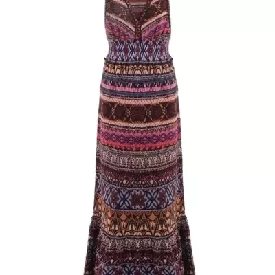 Vestido comprido sem mangas com padrão geométrico colorido e gola em V