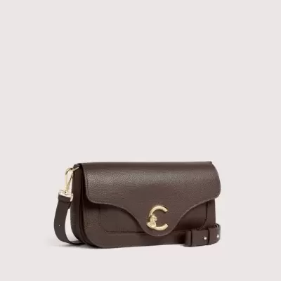 Bolsa de ombro em pele castanha com fecho dourado