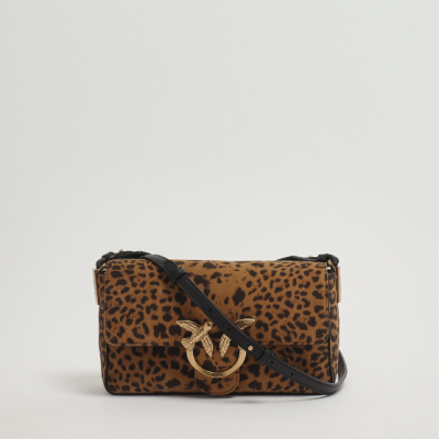 Mala feminina padrão animal print castanho e preto com fecho dourado e alça preta