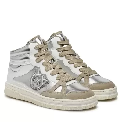 Sapatilhas altas prata metálico, camurça bege, detalhes brancos e atacadores bege