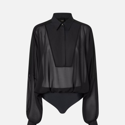 Body feminino preto transparente com gola clássica e mangas longas folgadas