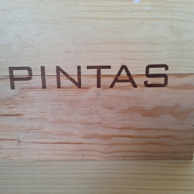 Caixa de madeira clara com a palavra PINTAS gravada