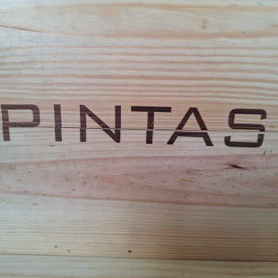 Caixa de madeira clara com a palavra PINTAS escrita a preto