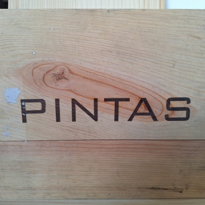 Caixa de madeira com a palavra PINTAS escrita em preto