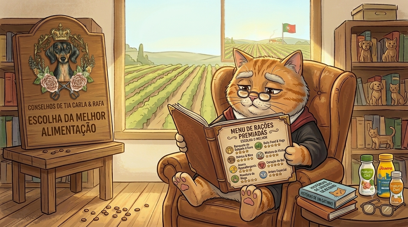 Gato ilustrado sentado numa poltrona a ler, placa de madeira com texto sobre alimentação, estante com livros e figuras de cães e gatos, janelas com vista para campo e bandeira de Portugal.