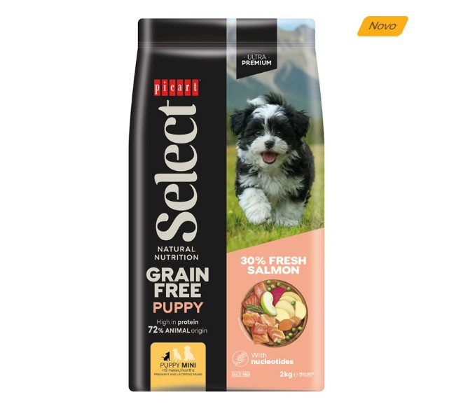 Picart Select - Sem Cereais - Puppy - Mini — Salmão - 2 kg Embalagem de ração para cachorros Picart Select Grain Free Puppy com imagem de cão e detalhes em salmão.