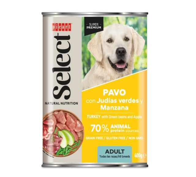 Picart Select Patê Húmido Light para Cão Adulto - Peru, Feijão Verde e Maçã - 12 x 400 g Lata de comida para cão Picart Select com imagem de cão Labrador e texto em espanhol e inglês.