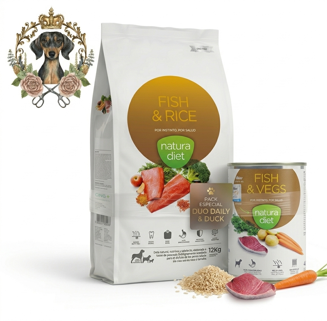 Pack Natura Diet Fish & Rice: Duo Dermocuidado | Ração 3 kg + 12 Latas Fish & Vegs Alimentação para cães Natura Diet Fish & Rice saco branco e Fish & Vegs lata com cenouras e arroz