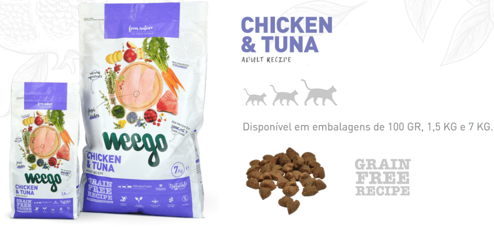 Ração para gatos adultos Super premium Grain free Weego - frango e atum - 1,5 kg - pack econômico disponível Embalagem de comida para cães Weego Chicken & Tuna com design branco e azul