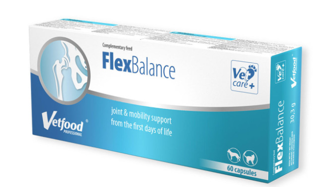 VETFOOD - FlexBalance - Suporte Articular Embalagem de cápsulas FlexBalance da Vetfood com design azul e branco.