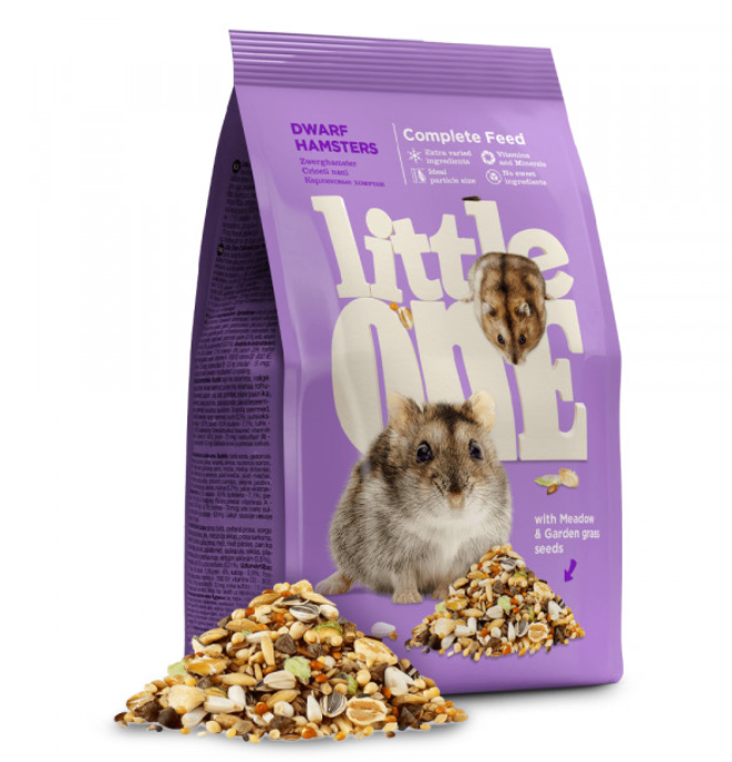 Little One - Alimento para Hamsters Anões - pack 10 x 400 g Pacote roxo de comida para hamsters com sementes e imagem de hamster