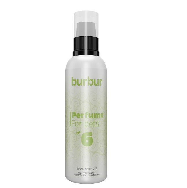 Bur Bur Pro Perfume Nº 6 – Perfume Profissional Premium para Cães e Gatos - 500 ml Frasco de perfume para animais de estimação branco com tampa transparente e pulverizador preto