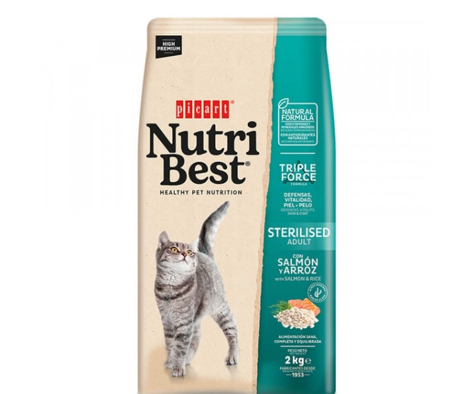 Picart Nutribest High Premium Gato Esterilizado - Salmão e Arroz . opção pack econômico Saco de ração para gatos Nutri Best Sterilised Adult sabor salmão e arroz de 2kg