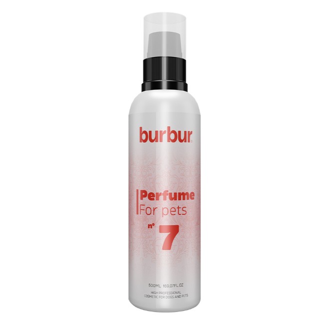 Bur Bur Pro Perfume Nº 7 – Perfume Profissional Premium para Cães e Gatos - 500 ml Frasco branco de perfume para animais com texto em vermelho e tampa transparente