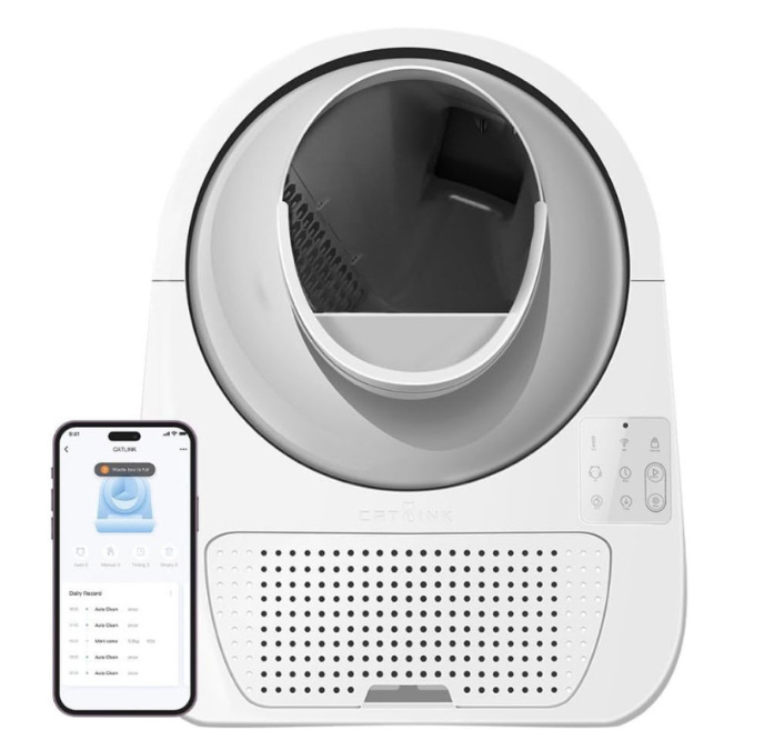 Catlink Pro-X Luxury — WC Automático Inteligente para Gatos Máquina automática para descartes de resíduos em plástico branco com smartphone ao lado mostrando aplicação