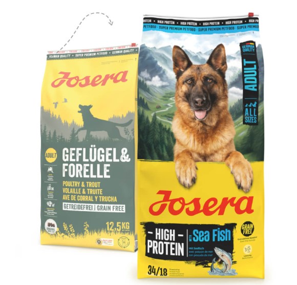 Josera Grainfree - Ração para Cão Adulto - Aves e Truta com Batata Doce - 12,5 kg Sacos de ração para cães Josera com textos e imagem de cão pastor alemão