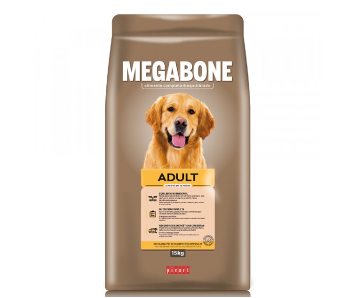 Picart Megabone - Cão Adulto - 3 kg - opção de pack econômico Saco de ração para cães MEGABONE ADULT castanho com cão dourado na frente