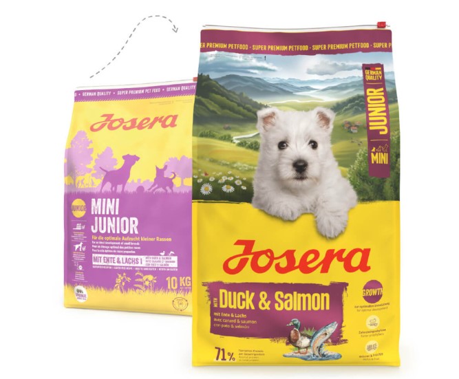 Josera Mini Junior - Ração Seca para Cão Puppy Mini - 4,5 kg - opção de pack economia Duas embalagens de ração para cães Josera, uma amarela e outra roxa, com texto e uma imagem de cão branco