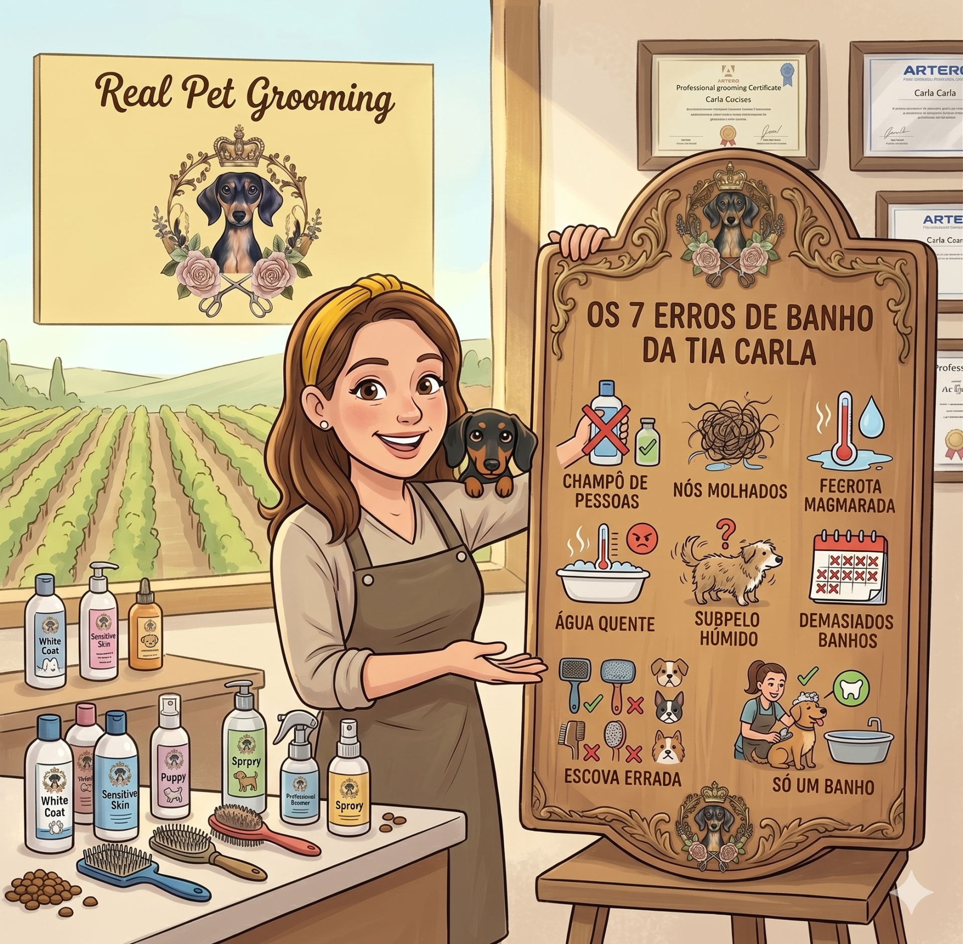 🛁 Dar banho ao cão em casa? Claro que sim! Mas evite estes 7 erros. Produtos para cuidado de cães e quadro informativo sobre erros comuns em banhos para cães em português.