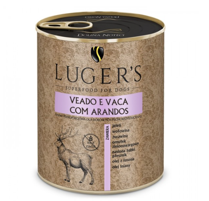 Luger's Húmida Cão - Veado e vaca com arando - 6 x 400 g Lata de comida para cães Luger’s sabor veado e vaca com arandos, com imagem de veado e texto em português e polaco