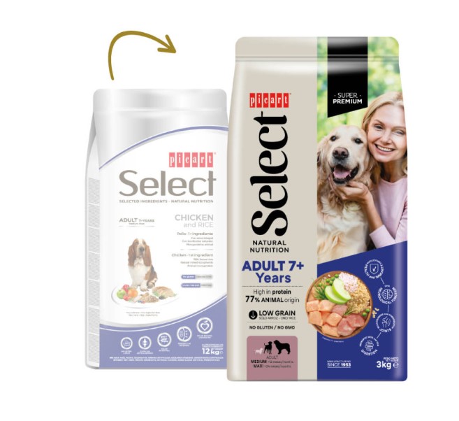 Picart Select Cão Sénior Frango - premium -3 kg - opção de pack econômico Dois sacos de ração para cães da marca Select com informações de peso e tipo de ração