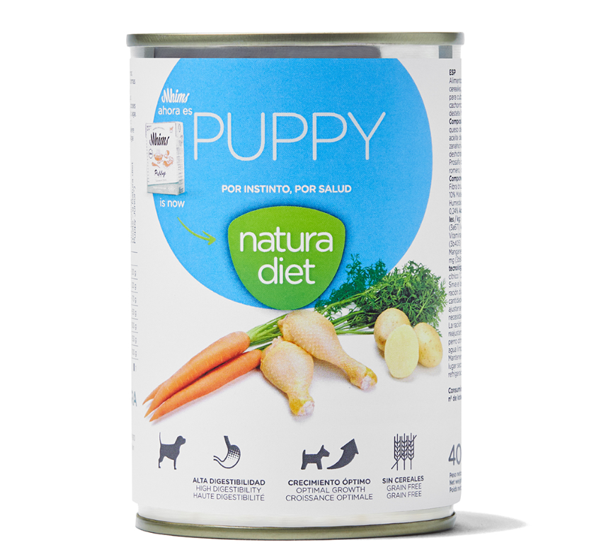 Natura Diet Puppy - comida húmida para cães - 12 x 400 g Lata de alimento húmido para cachorros com rótulo branco e azul e imagens de ingredientes
