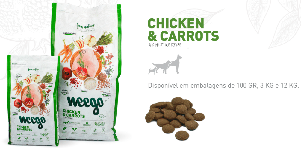 Weego Original - Chicken & carrots - adultos - 12 kg Embalagens de ração para cães sabor Chicken & Carrots da marca Weego com pedaços de ração