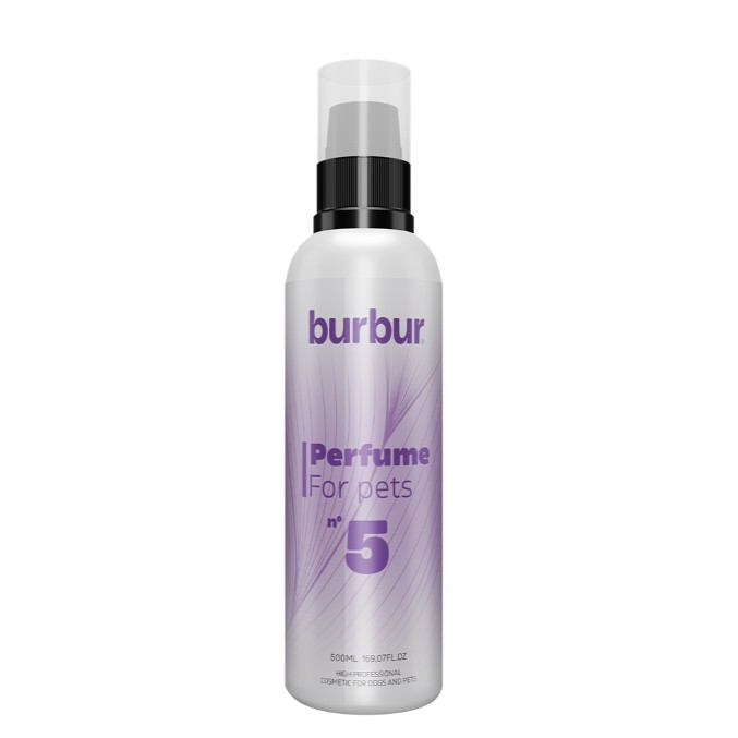 Bur Bur - Perfume para cães e gatos - Nº 5 - linha Pro - 500 ml Frasco de perfume para animais de cor branca e detalhes roxos