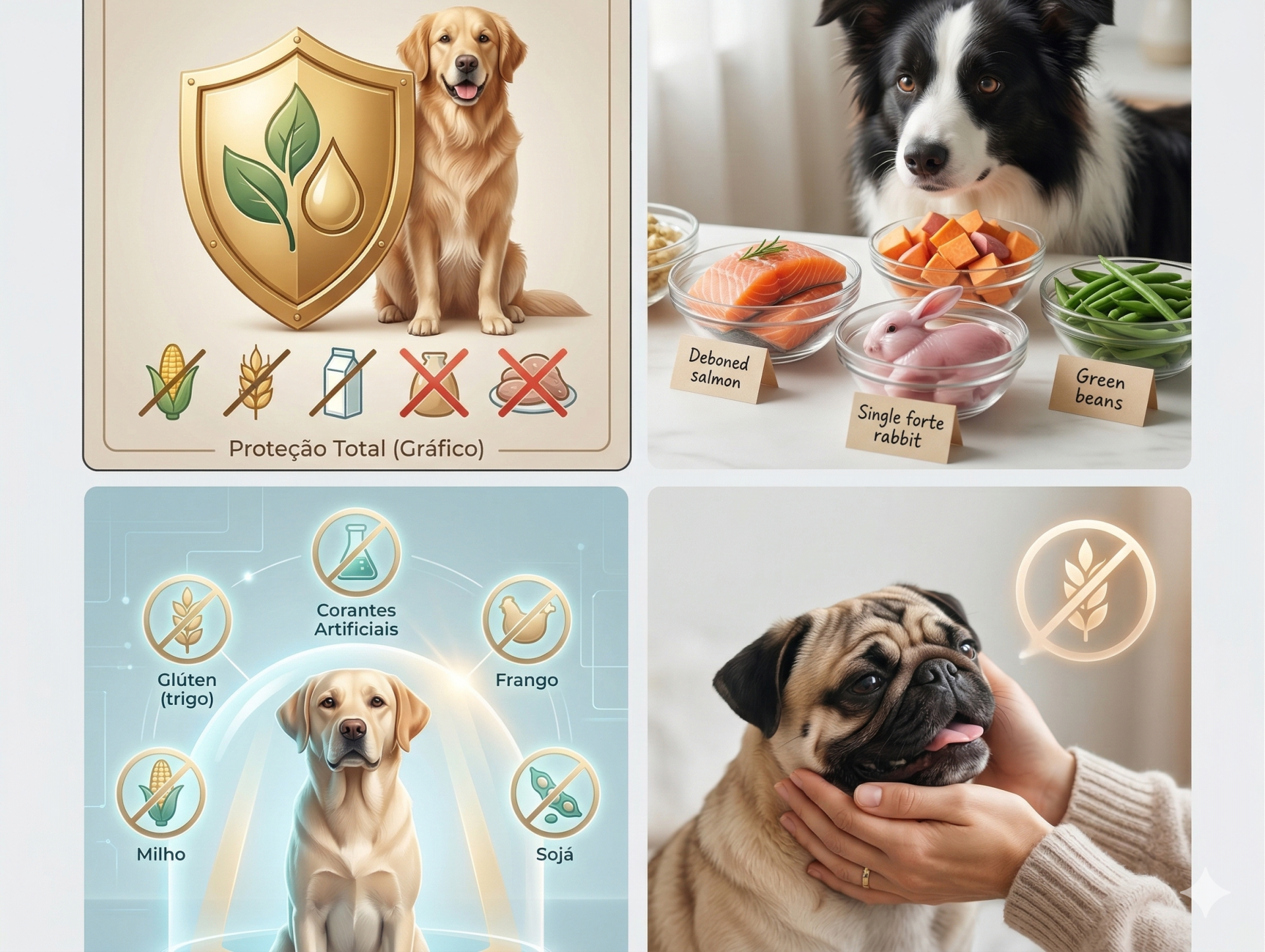 Cães com símbolos de ingredientes proibidos e tigelas de alimentos naturais para cães