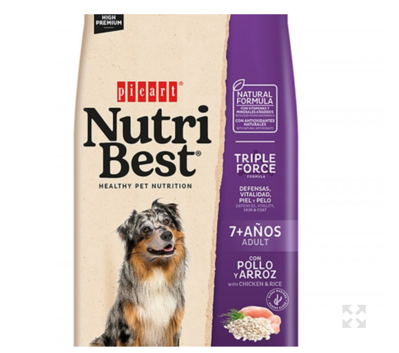 Picart Nutribest Cão Sénior - Frango e Arroz -15 kg Embalagem de ração para cães Picart Nutri Best para adultos 7+ anos, com pollo e arroz