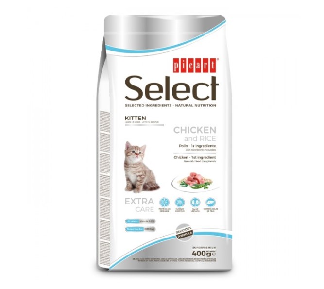 Picart Select Gato kitten - Frango e arroz - 2 kg Saco branco de ração para gatos Picart Select com imagem de gato e texto Chicken and Rice