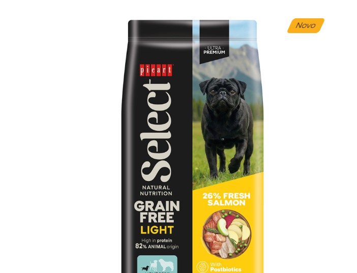 Picart Select - Sem Cereais Cão Mini - Light - Controlo de peso - Salmão - 2 kg Embalagem de ração para cães picart Select Grain Free Light com imagem de cão preto e rótulo amarelo Novo