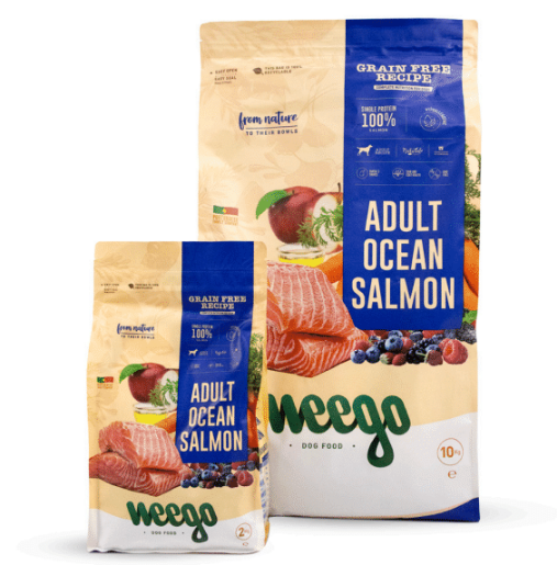 Weego - grain free - ocean salmon - super premium - Todas as raças - 10 kg Embalagens de ração para cães Meego Adult Ocean Salmon, com imagens de salmão e frutas