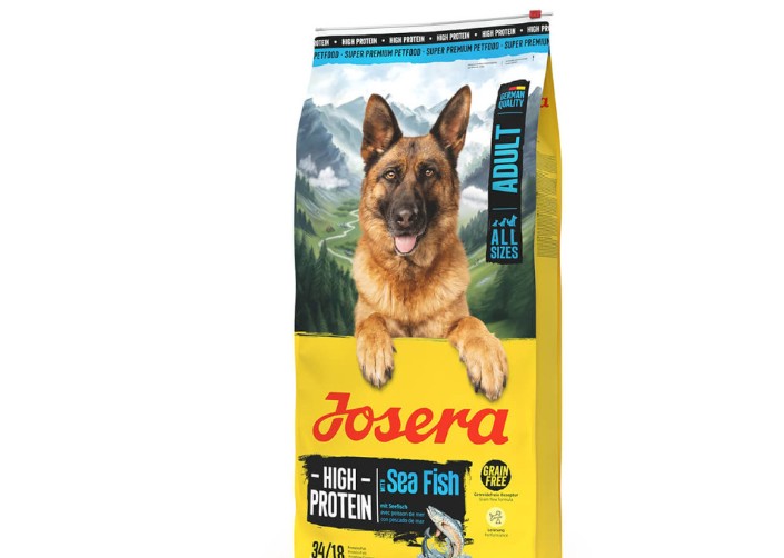 Josera High Protein Sea Fish — Ração sem cereais para cães adultos ativos - 12,5 kg Saco de comida para cão Josera com pastor alemão e texto sobre proteínas e ingredientes