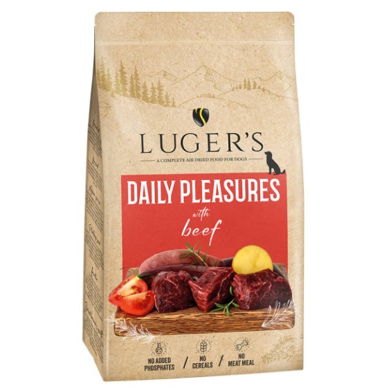 Luger's Daily Pleasures - Ração seca para cão adulto super premium - Carne de Vaca - opção de Pack econômico Embalagem de comida seca para cães LUGER'S Daily Pleasures com carne de vaca