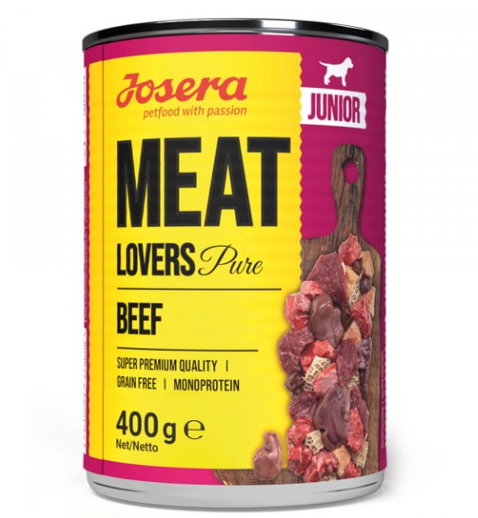 Josera Meat Lovers - Alimento húmido com Carne 100% de Vaca para filhotes - pack 6 Lata de comida para cães Josera Meat Lovers Pure Beef 400g com design amarelo e roxo