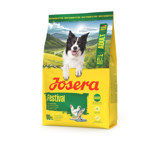 Josera All Sizes Festival - Ração Seca para Cão Adulto - Salmão - 12,5 kg Saco de ração para cão Josera Festival amarelo com imagem de cão e paisagem