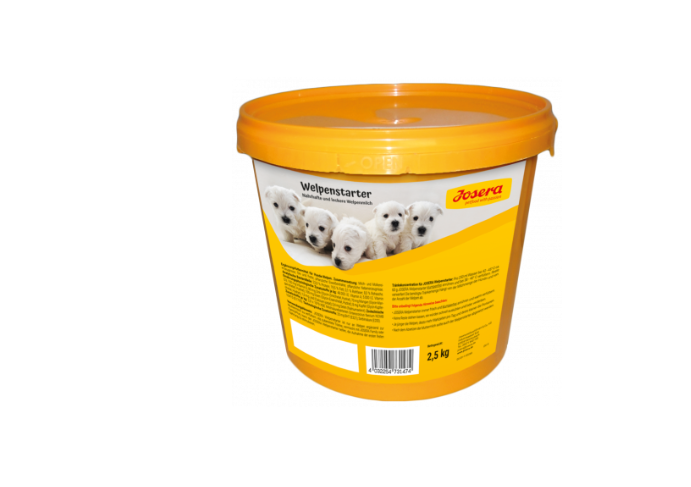 Josera - Leite Inicial para Cachorros Puppy Embalagem plástica amarela com tampa laranja de 2,5 kg Josera Welpenstarter com foto de cachorros brancos.