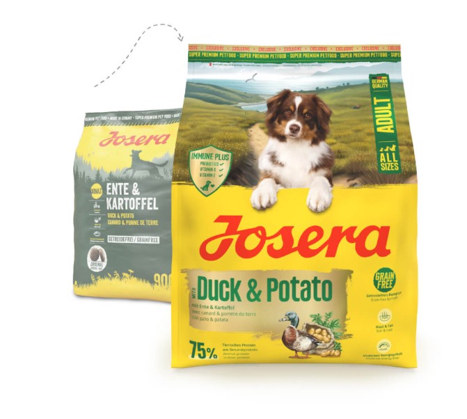 Josera Grainfree - Ração Seca para Cão Adulto - Pato e Batata - 12,5 kg Saco de ração para cães Josera Duck & Potato com imagem de cachorro e patos