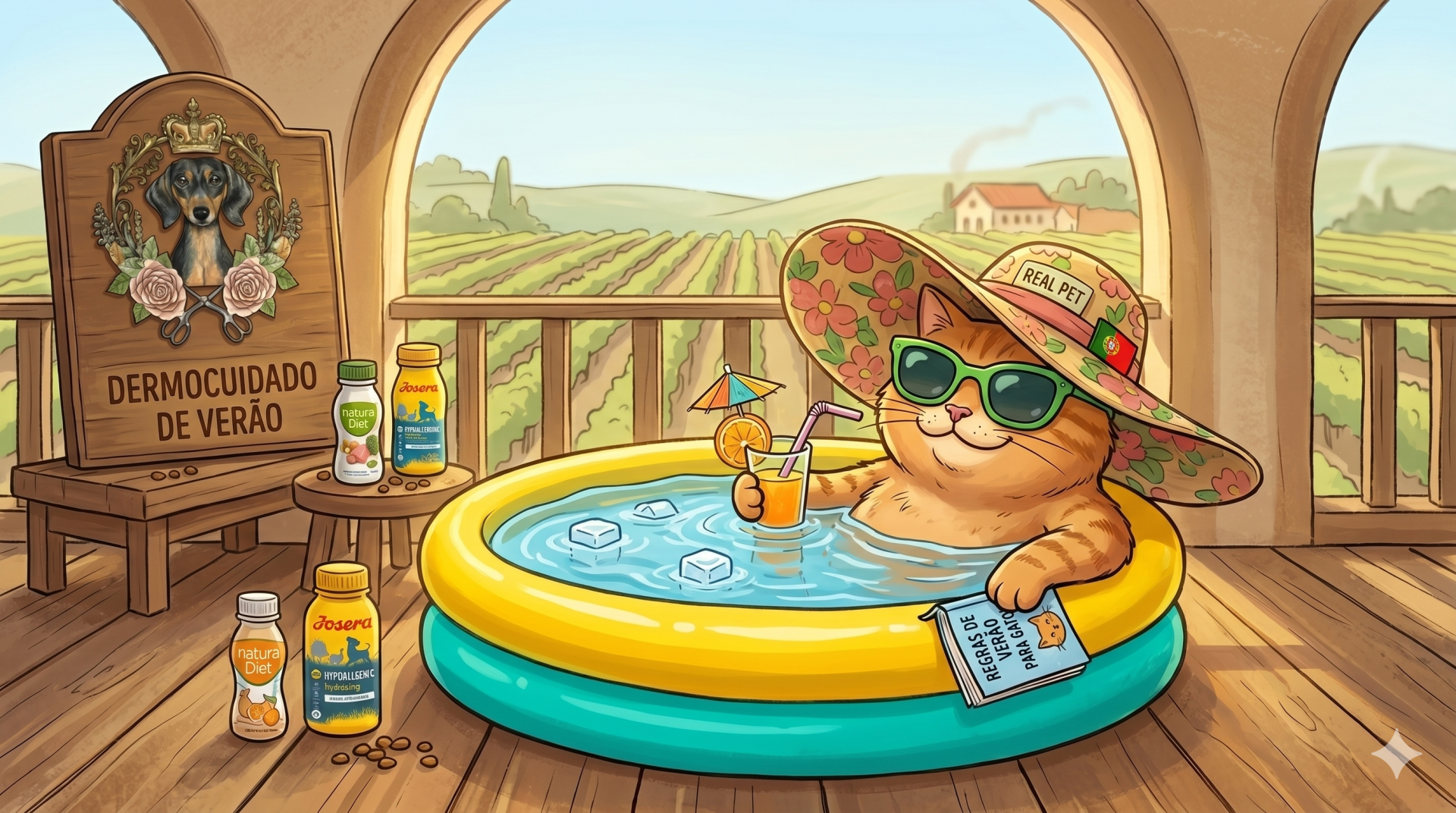 🐶 Como proteger o seu cão durante os dias de muito calor Por Tia Carla | Real Pet Grooming Gato laranja de chapéu florido e óculos em lago infantil com bebidas e produtos Natura Diet e Josera