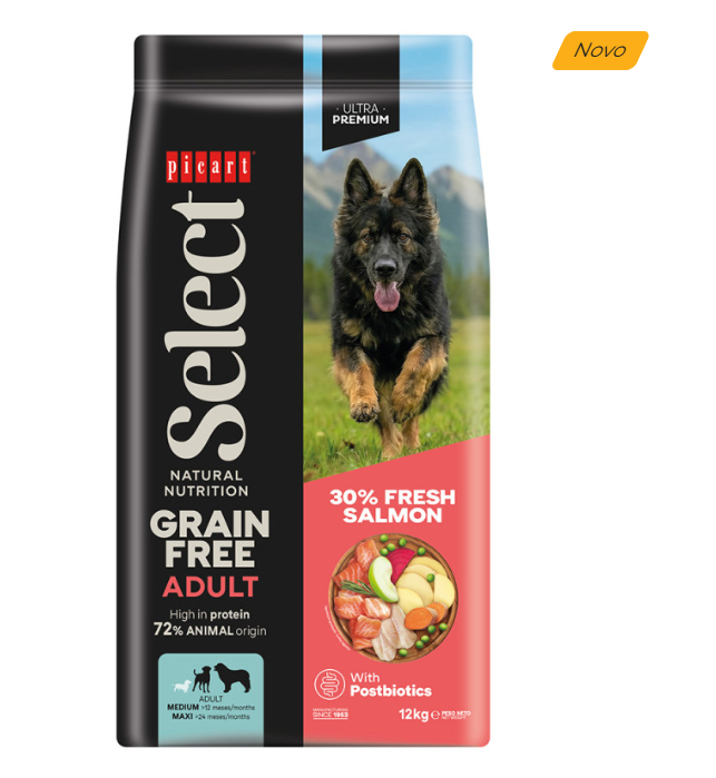 Picart Select - Sem Cereais /grain free - Cão Adulto - Salmão - 12 kg Saco de ração para cão picart Select grain free adulto 12kg com imagem de pastor alemão
