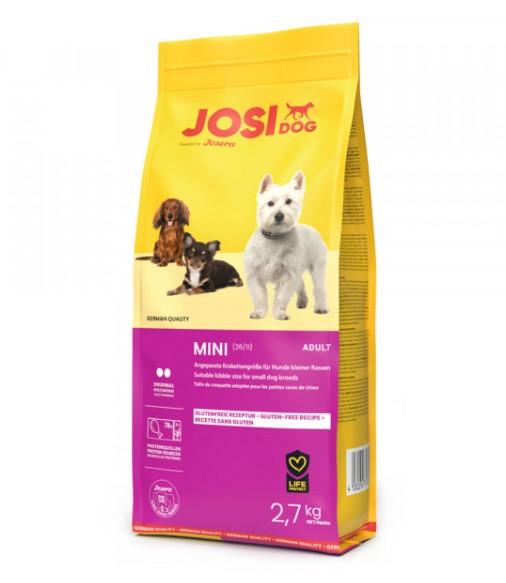 JosiDog Mini - Ração Seca para Cão Adulto Mini - 10 kg Saco de ração para cães JOSI DOG MINI 2,7 kg, amarelo e rosa, com imagens de três cães.